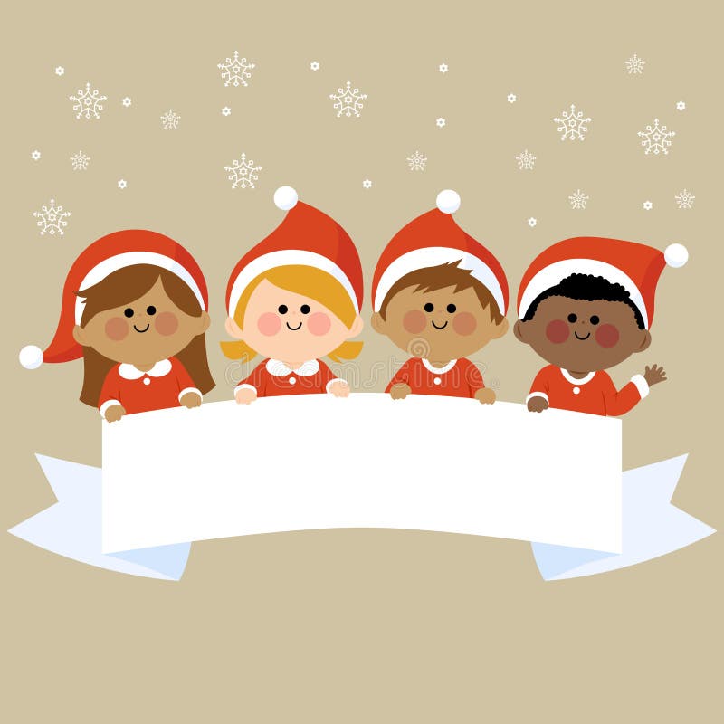 A happy group of children dressed in Christmas costumes holding a blank horizontal banner. Vector Illustration. A happy group of children dressed in Christmas costumes holding a blank horizontal banner. Vector Illustration