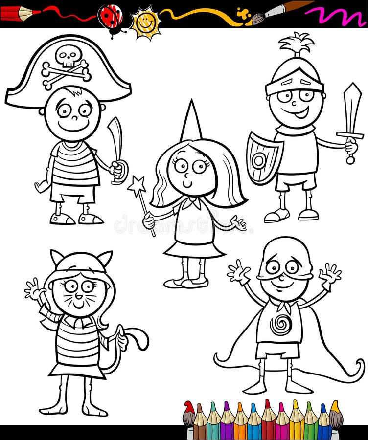 Coloring Book or Page Cartoon Illustration Set of Black and White Cute Little Children Characters in Ball Costumes. Coloring Book or Page Cartoon Illustration Set of Black and White Cute Little Children Characters in Ball Costumes