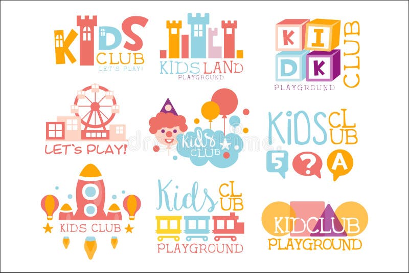 Kinder landen den Spielplatz und Unterhaltungs-Verein, die von den hellen Farbepromo-Zeichen für die spielenden Raum-Kinder einge vektor abbildung Kinder landen den Spielplatz und Unterhaltungs-Verein, die von den hellen Farbepromo-Zeichen für die spielenden Raum-Kinder einge vektor abbildung