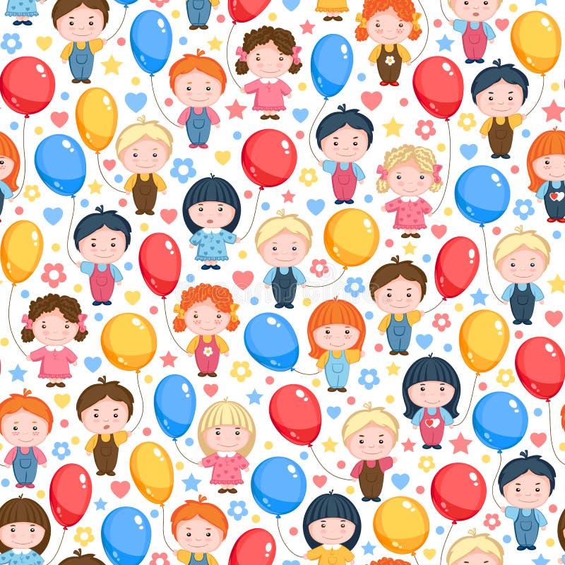 Kinder mit Ballonen, Rot, Gelb und Blau Nahtloses vektormuster stock abbildung Kinder mit Ballonen, Rot, Gelb und Blau Nahtloses vektormuster stock abbildung