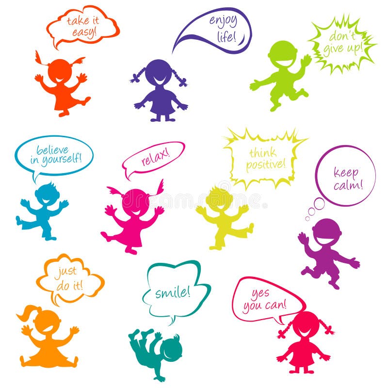 Kinder mit Chatblasen mit positiven Mitteilungen lizenzfreie abbildung Kinder mit Chatblasen mit positiven Mitteilungen lizenzfreie abbildung