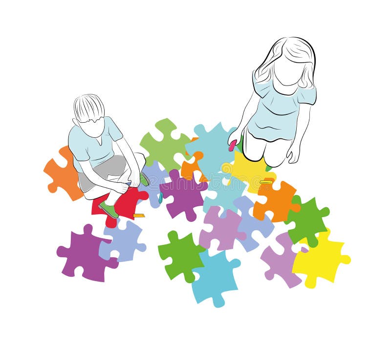 Kinder sitzen über den Puzzlespielen mit dem Symbol von Autismus Auch im corel abgehobenen Betrag lizenzfreie abbildung Kinder sitzen über den Puzzlespielen mit dem Symbol von Autismus Auch im corel abgehobenen Betrag lizenzfreie abbildung