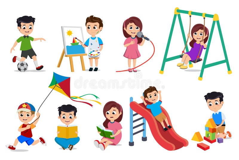 Kids playing vector characters set. Young boys and girls doing educational and school activities like playing toys, painting and reading book isolated in white. Vector illustration. Kids playing vector characters set. Young boys and girls doing educational and school activities like playing toys, painting and reading book isolated in white. Vector illustration.