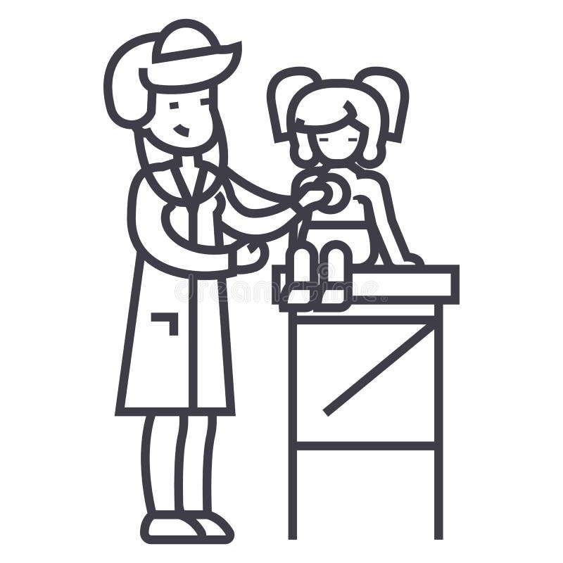 Kinderarzt Mit Kind, KinderdoktorVektorlinie Ikone