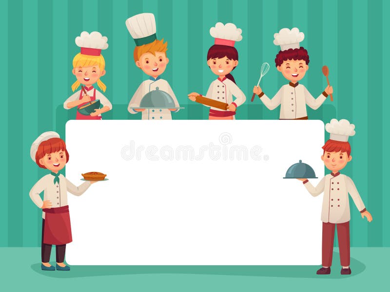 Kinderchefrahmen Kinderköche, wenig Chef, der Nahrung und Restaurantküchenstudentenkarikaturvektorillustration kocht stock abbildung Kinderchefrahmen Kinderköche, wenig Chef, der Nahrung und Restaurantküchenstudentenkarikaturvektorillustration kocht stock abbildung