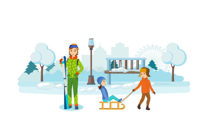 Kinderen die in de winterpark spelen, meisje die een skireeks houden stock illustratie Kinderen die in de winterpark spelen, meisje die een skireeks houden stock illustratie