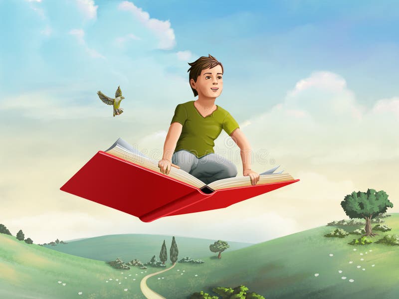 Kinderen die op een boek vliegen