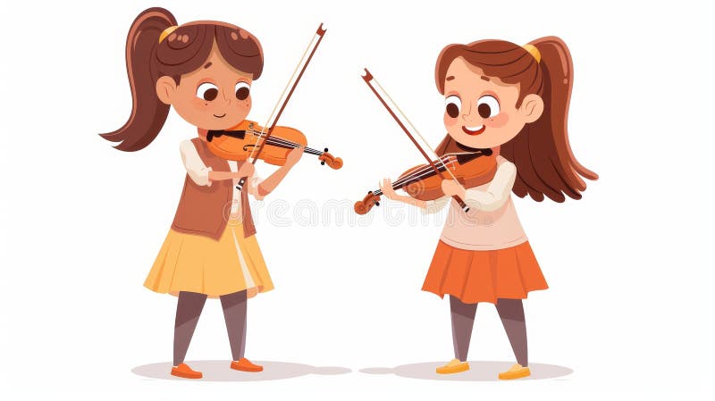 Children playing violins and flutes isolated on white background. Modern illustration of children performing at a school concert, rehearsing before a talent show, or simply having fun playing music. AI generated. Children playing violins and flutes isolated on white background. Modern illustration of children performing at a school concert, rehearsing before a talent show, or simply having fun playing music. AI generated