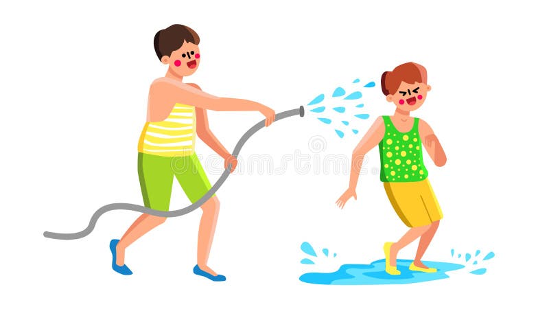 Children Playing And Splashing On Backyard Vector. Little Boys Playing With Garden Hose Splash And Spray Water On Backyard. Characters Leisure Funny Time Playtime Flat Cartoon Illustration. Children Playing And Splashing On Backyard Vector. Little Boys Playing With Garden Hose Splash And Spray Water On Backyard. Characters Leisure Funny Time Playtime Flat Cartoon Illustration