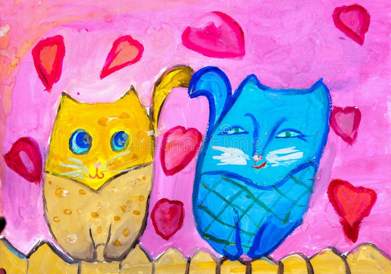 Kinderen` s tekening Twee katten zitten op omheining royalty-vrije illustratie Kinderen` s tekening Twee katten zitten op omheining royalty-vrije illustratie