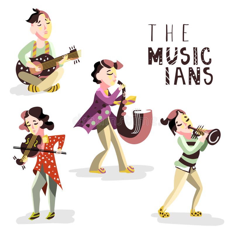 Kinderenmusici Jonge geitjes met muzikale instrumenten - gitaar, viool, saxofoon, trompet stock illustratie Kinderenmusici Jonge geitjes met muzikale instrumenten - gitaar, viool, saxofoon, trompet stock illustratie