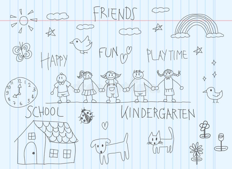 Kindergarten children doodle drawing sketch of a friend and kid vector illustration Kindergarten children doodle drawing sketch of a friend and kid vector illustration