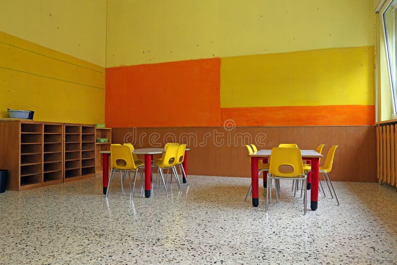 Kindergarten Classroom with Desks and Yellow Chairs Stock Image Image