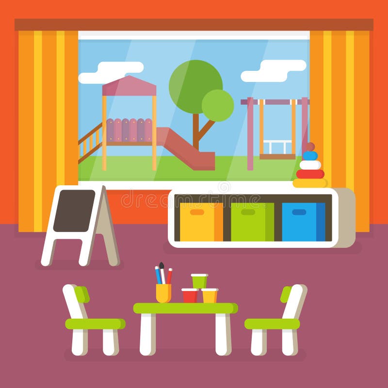 Kindergarten Classroom, Preschool Room Interior. Flat Design Vector