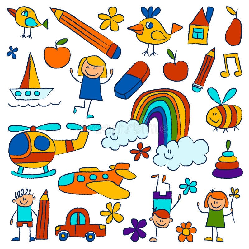 Kindergarten Doodle Pictures on White Background Stock Vector