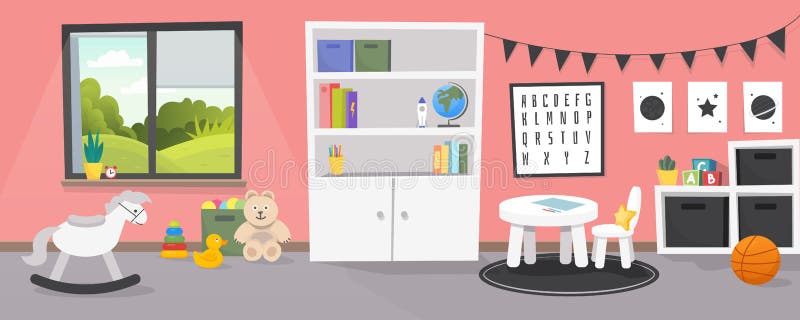 Kindergarten Or Kid Room Interior Vector Illustration Empty Cartoon