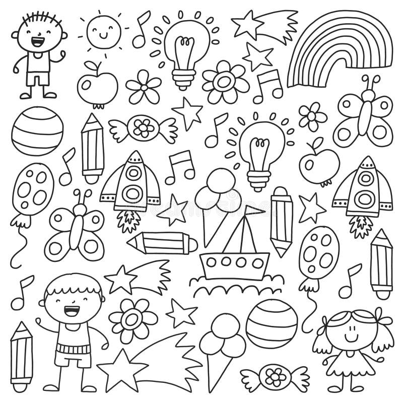 Kindergarten, Monochrome Hand Drawn Children Garden Elements Pattern ...