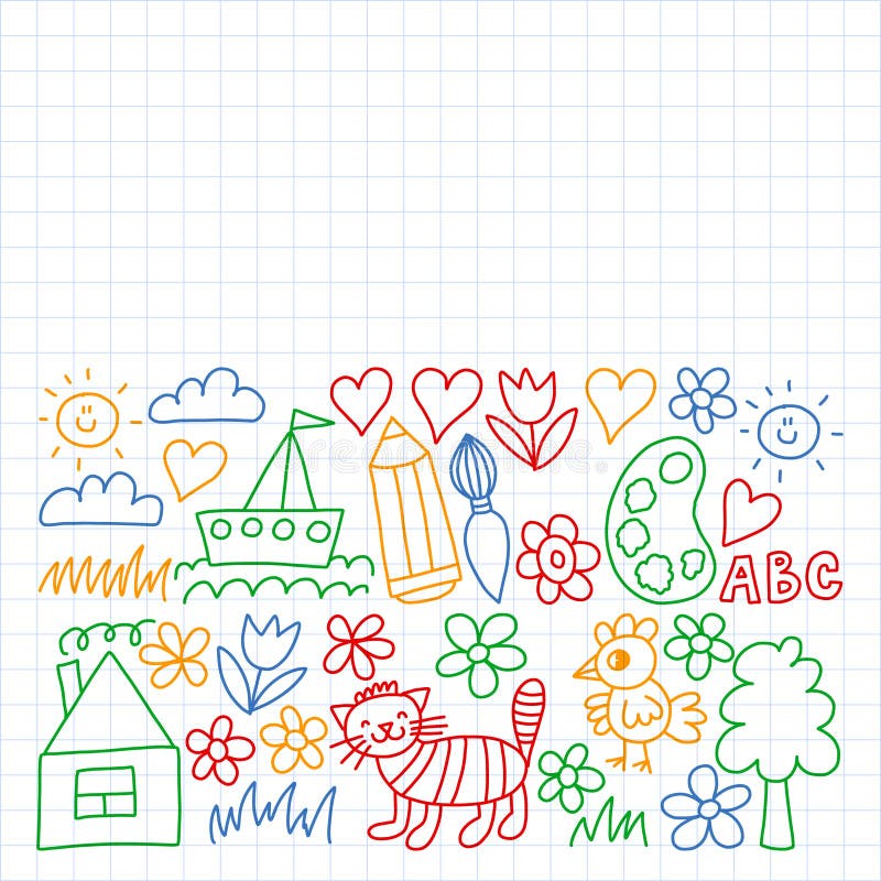 Kindergarten Pattern, Drawn Kids Garden Elements Pattern, Doodle