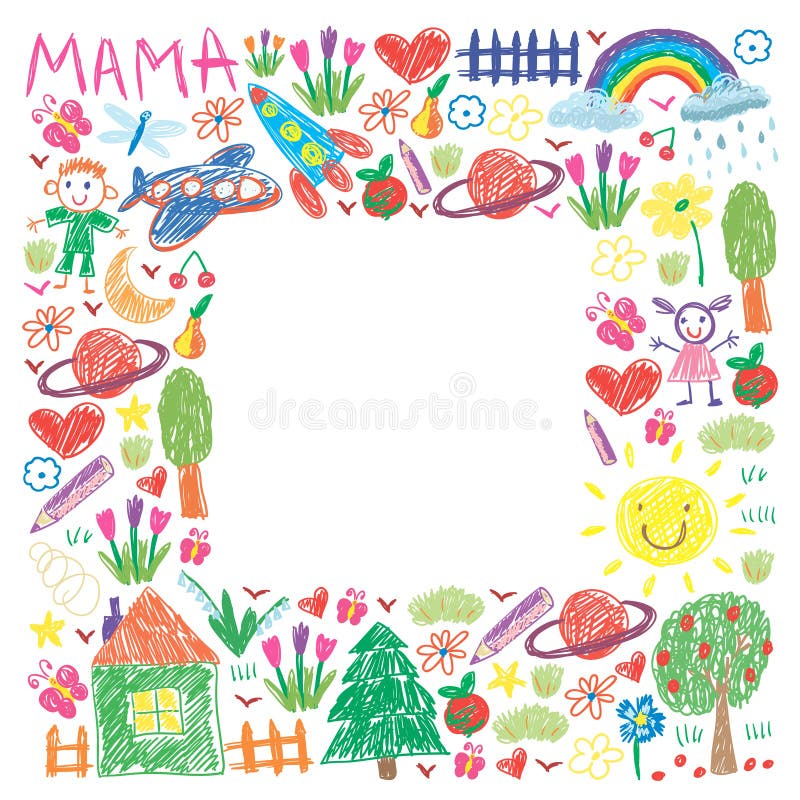 Kindergarten Pattern with Funny Kids Drawing. Vector Illustration ...