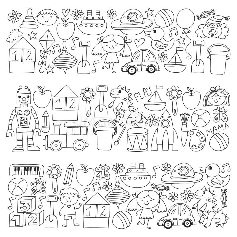 Kindergarten Preschool School Children. Kids Drawing Style Vector ...