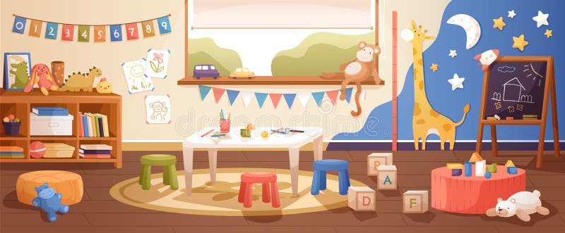 Kindergarten room interior flat vector illustration. Cozy playroom with cute children paintings on wall, furniture and