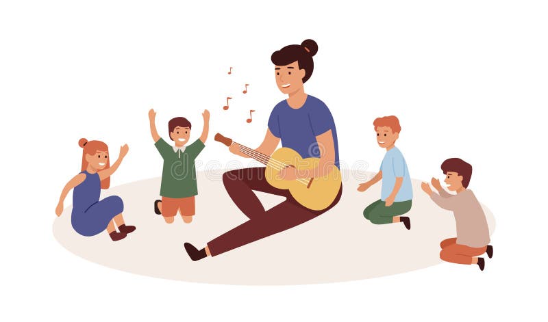 Kindergartener with kids group flat vector illustration. Nursery governess playing guitar. Music and singing lesson stock illustration