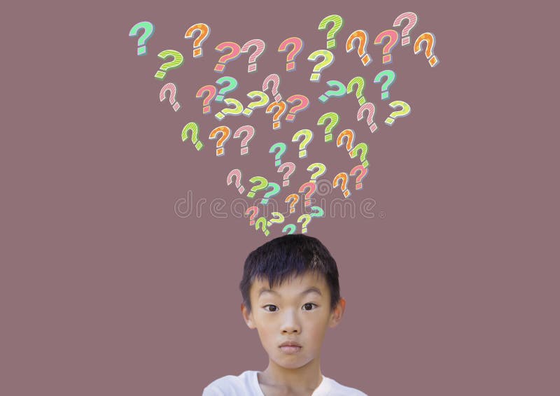 Kinderjunge mit bunten flippigen Fragezeichen stock abbildung Kinderjunge mit bunten flippigen Fragezeichen stock abbildung