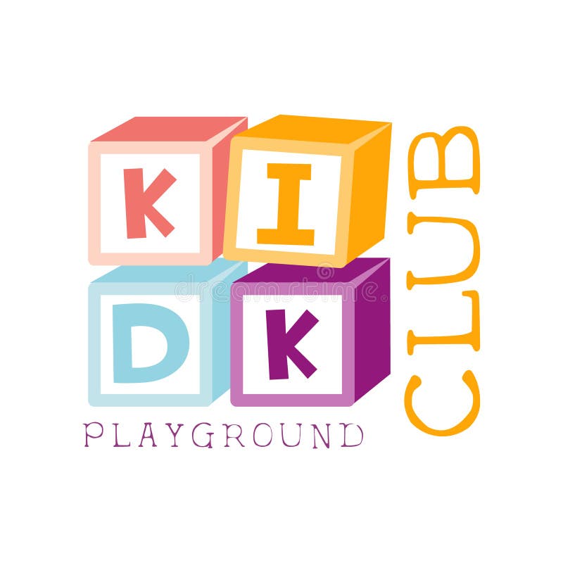 Kinderland-Spielplatz und Unterhaltungs-Verein buntes Promo-Zeichen mit Würfel-Erbauer für den spielenden Raum für lizenzfreie abbildung Kinderland-Spielplatz und Unterhaltungs-Verein buntes Promo-Zeichen mit Würfel-Erbauer für den spielenden Raum für lizenzfreie abbildung
