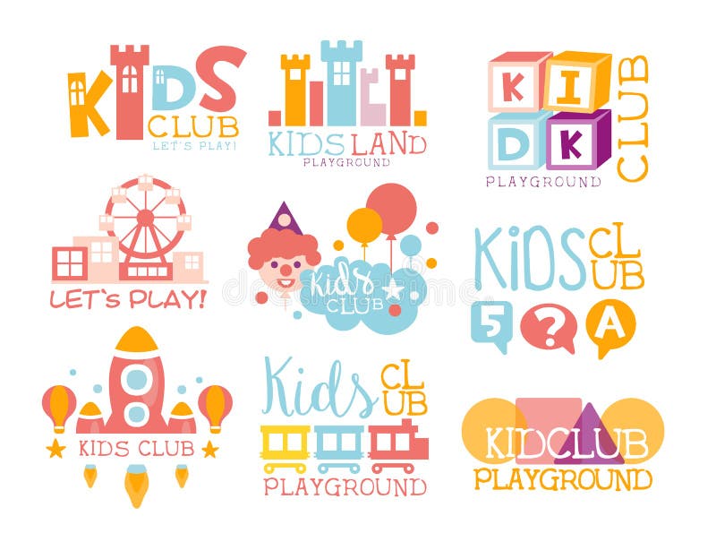 Kinderland-Spielplatz und Unterhaltungs-Verein-Satz helle Farbepromo-Zeichen für den spielenden Raum für Kinder lizenzfreie abbildung Kinderland-Spielplatz und Unterhaltungs-Verein-Satz helle Farbepromo-Zeichen für den spielenden Raum für Kinder lizenzfreie abbildung