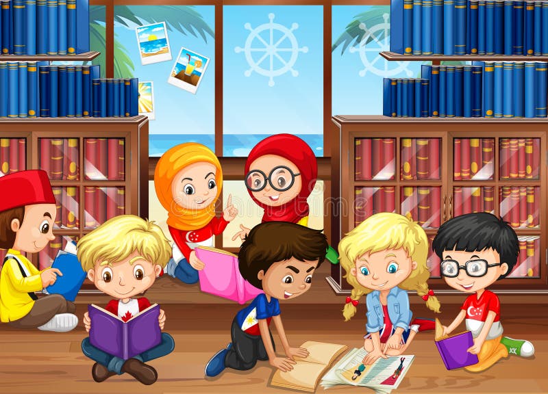 Kinder in der Bibliothek vektor abbildung. Illustration von bibliothek