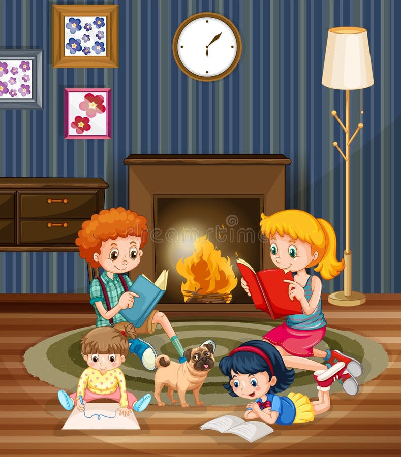 Raum Mit Kamin Und Rotem Vorhang Vektor Abbildung - Illustration von