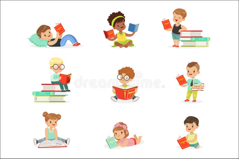 Kinderlesebücher und Genießen der Literatur-Sammlung netter Jungen und Mädchen, die lieben, das Sitzen und das Legen zu lesen vektor abbildung Kinderlesebücher und Genießen der Literatur-Sammlung netter Jungen und Mädchen, die lieben, das Sitzen und das Legen zu lesen vektor abbildung