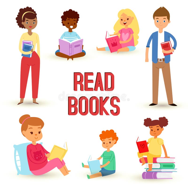 Kinderlesebücher und Genießen des Literaturvektorsatzes glücklicher Jungen und Mädchen der unterschiedlichen Nationalität liebend vektor abbildung Kinderlesebücher und Genießen des Literaturvektorsatzes glücklicher Jungen und Mädchen der unterschiedlichen Nationalität liebend vektor abbildung
