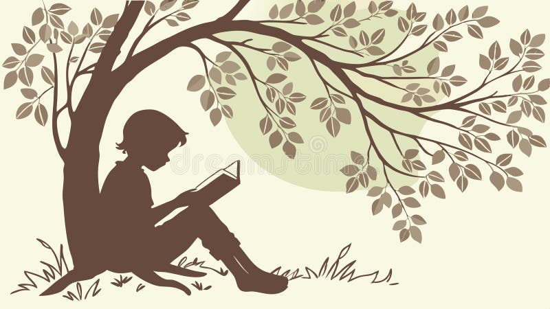 Kinderlesen unter einer großen Baumart und Lernvektordesign Generative KI. Eine ruhige Vektor-Abbildung, die ein Kind darstellt, das friedlich in einem Buch eingegraben ist, das unter dem angenehmen Schatten eines großen Blattbaums liegt. Dieses Bild verkörpert wunderbar stille Kontemplation, Lernvorstellungskraft und die harmonische Verbindung zwischen Natur und Wissen. Ideal für Unterrichtsmaterialien Bibliothek Förderung Kinder Buch Illustrationen oder jedes Design ermutigend lesen