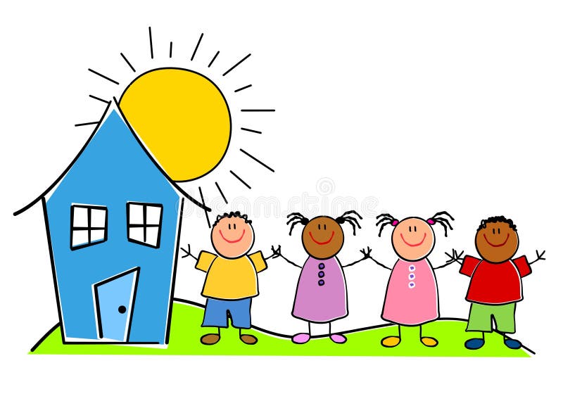 An illustration featuring a childlike drawing of a house with kids and sunshine. An illustration featuring a childlike drawing of a house with kids and sunshine