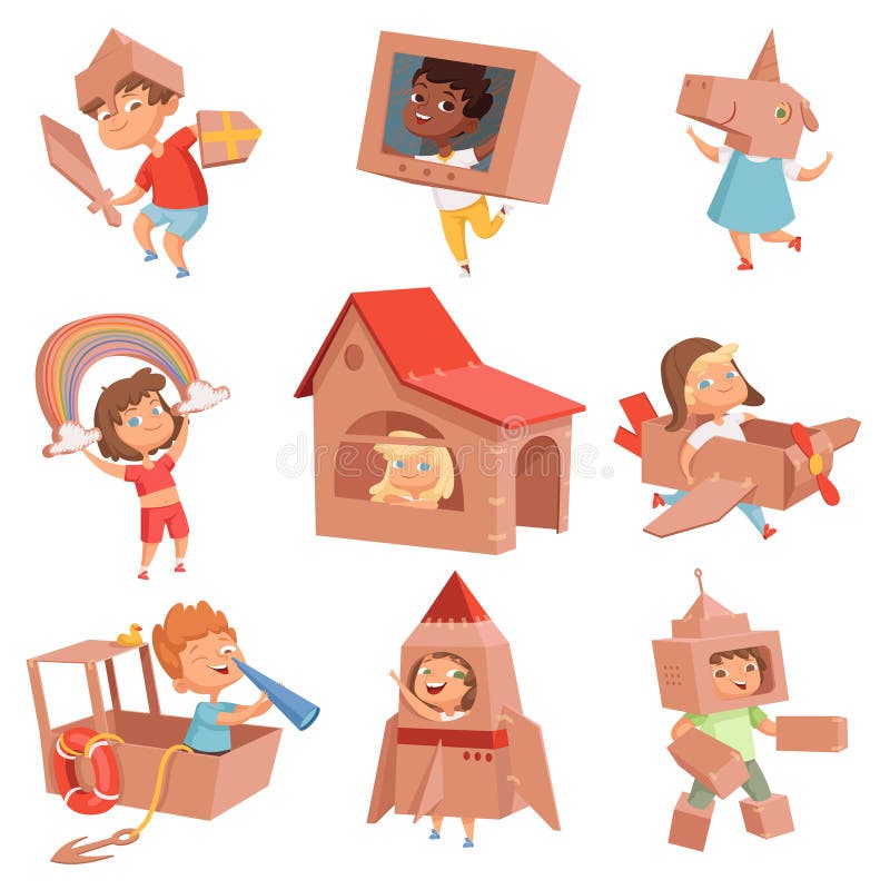 Kinderpappkostüme Kinder, die in den aktiven Spielen mit dem Papierkasten macht Hausauto- und -flugzeugvektorcharaktere spielen vektor abbildung Kinderpappkostüme Kinder, die in den aktiven Spielen mit dem Papierkasten macht Hausauto- und -flugzeugvektorcharaktere spielen vektor abbildung