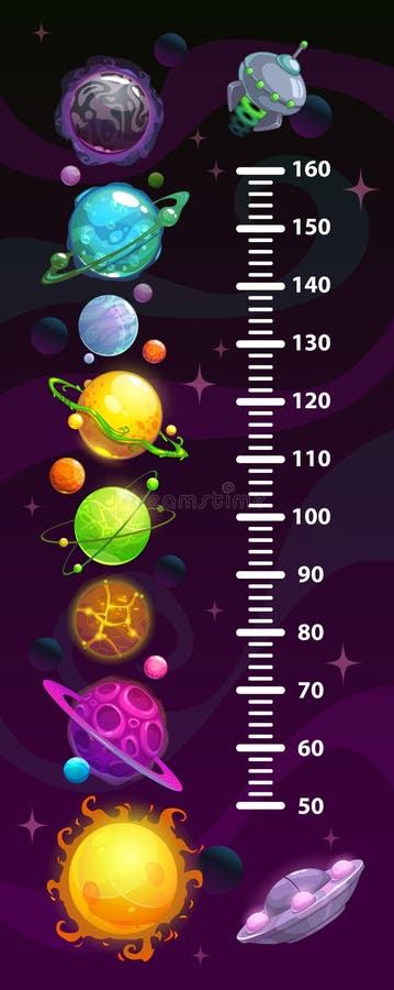 Kinderraum-Höhendiagramm, kosmisches Wandmeter mit Karikaturphantasieplaneten stock abbildung Kinderraum-Höhendiagramm, kosmisches Wandmeter mit Karikaturphantasieplaneten stock abbildung