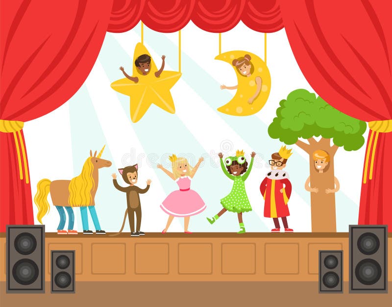 Kinderschauspieler, die Märchen auf Stadium auf Talent-Show-bunter Vektor-Illustration mit begabten Schulkindern durchführen
