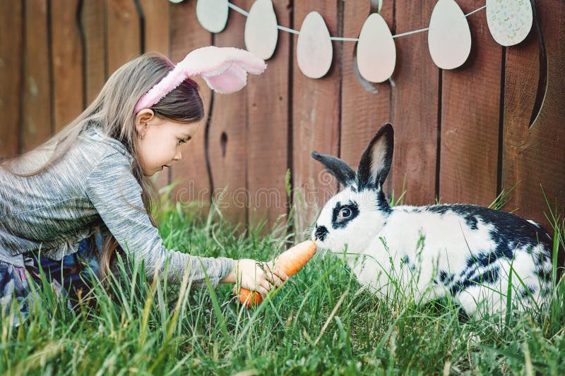 Kinderspiel mit wirklichem Kaninchen Lachendes Kind an Osterei jagen mit weißem Haustierhäschen Kleines Kleinkindmädchen, das mit lizenzfreies stockbild Kinderspiel mit wirklichem Kaninchen Lachendes Kind an Osterei jagen mit weißem Haustierhäschen Kleines Kleinkindmädchen, das mit lizenzfreies stockbild