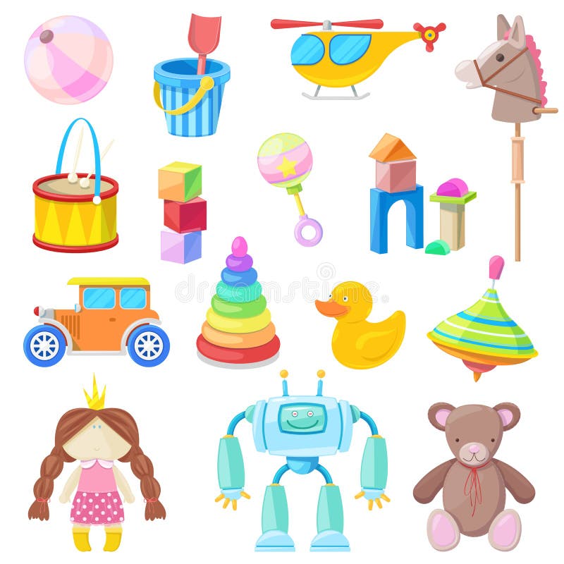 Kinderspielwaren-Vektorikonen eingestellt Färben Sie Spielzeug für Baby und Mädchen, Karikaturillustration
