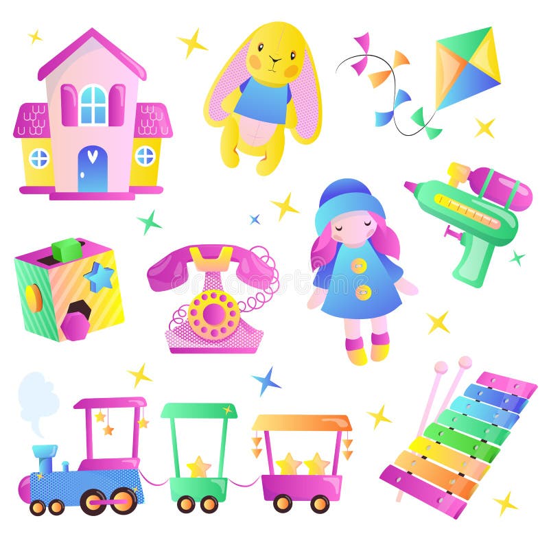 Kinderspielwarenkarikaturartillustration Nette Mehrfarbenspielwaren für Baby und Mädchen Souvenirladengestaltungselemente vektor abbildung Kinderspielwarenkarikaturartillustration Nette Mehrfarbenspielwaren für Baby und Mädchen Souvenirladengestaltungselemente vektor abbildung