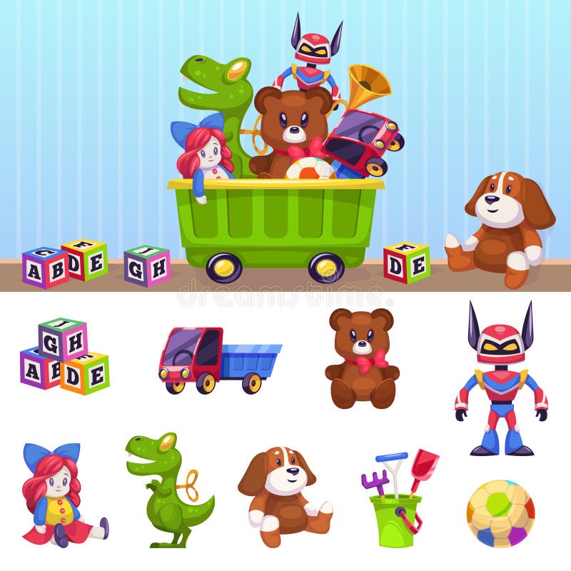 Kinderspielwarenkasten Kinder spielen Behälter mit dem Spielen des Blockautohauses und des Bier lokalisierten Vektorkarikatursatz lizenzfreie abbildung Kinderspielwarenkasten Kinder spielen Behälter mit dem Spielen des Blockautohauses und des Bier lokalisierten Vektorkarikatursatz lizenzfreie abbildung