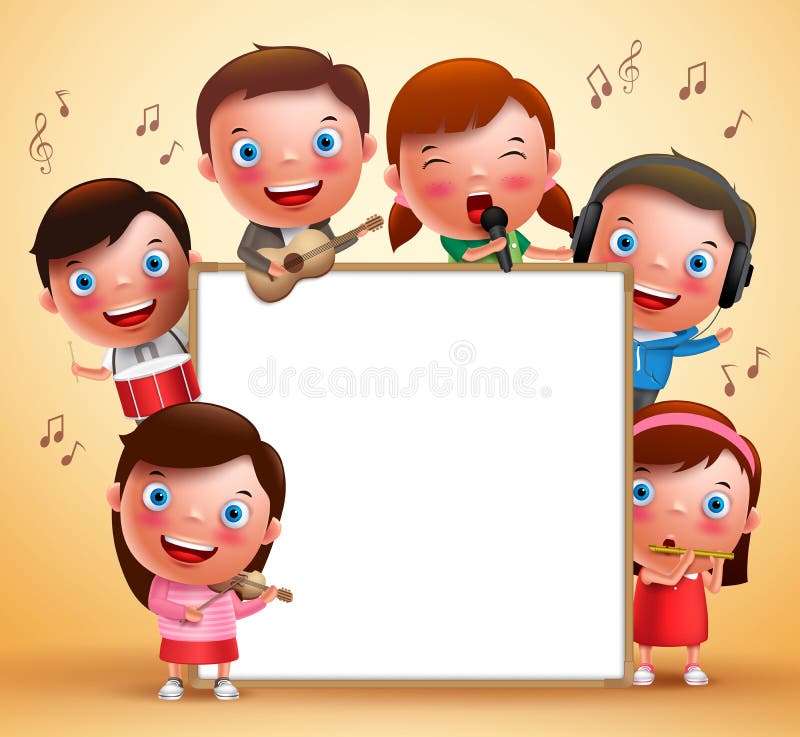 Kindervektorcharaktere, die Musikinstrumente spielen und mit leerem Weiß singen