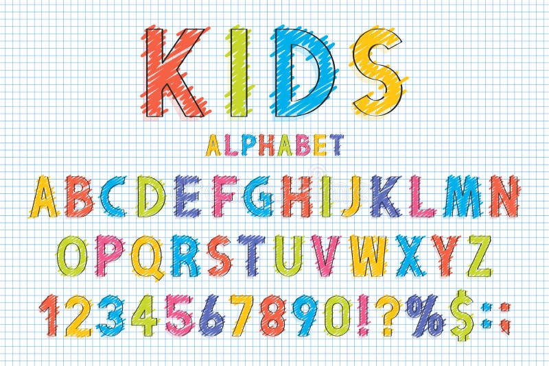 Kindischer Guss und Alphabet in der Schulart Zeichnen Sie die Gekritzel an, die im englischen Alphabet mit Zahlen stilisiert werd