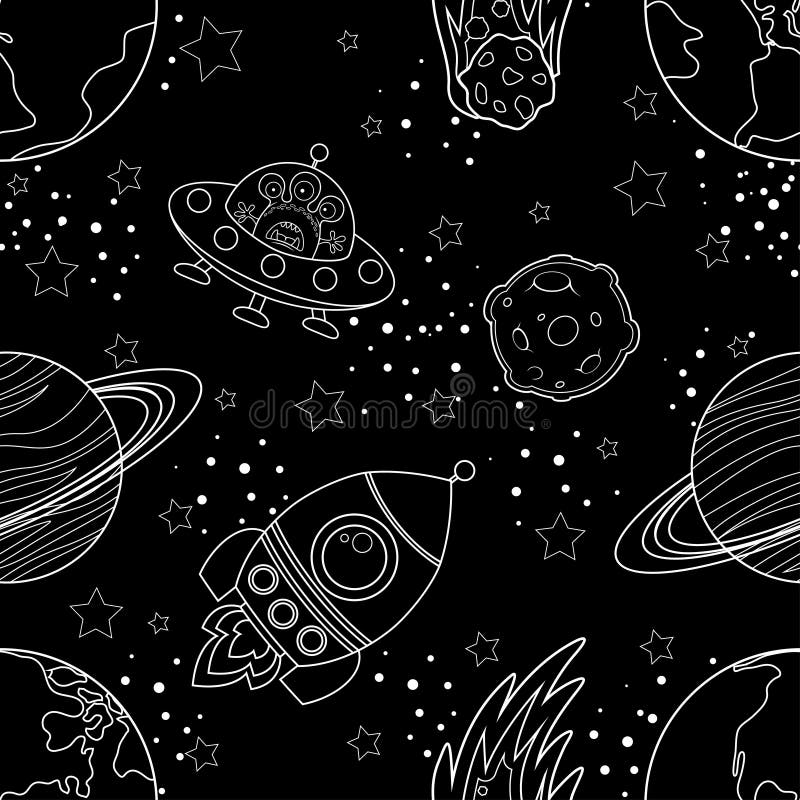 Childish seamless space pattern with planets, UFO, rockets and stars. White silhouette on black background. Vector illustration. Childish seamless space pattern with planets, UFO, rockets and stars. White silhouette on black background. Vector illustration