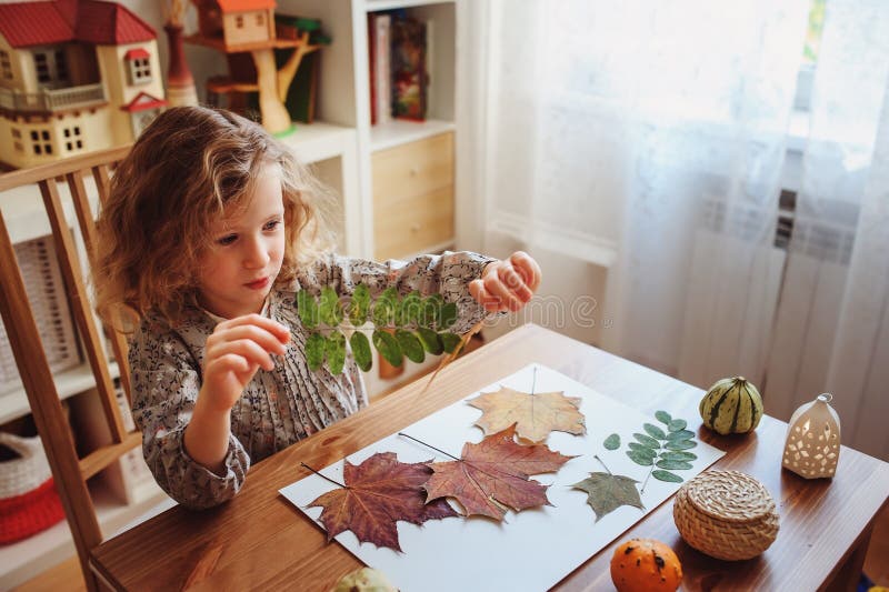 Kindmeisje die herbarium maken thuis, de herfst seizoengebonden ambachten royalty-vrije stock afbeeldingen Kindmeisje die herbarium maken thuis, de herfst seizoengebonden ambachten royalty-vrije stock afbeeldingen