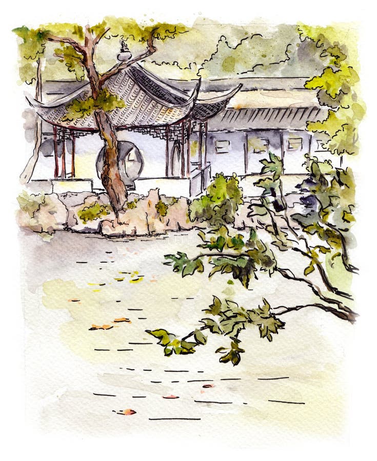 Kinesträdgård med pagoden i Suzhou, Kina vattenfärg royaltyfri illustrationer Kinesträdgård med pagoden i Suzhou, Kina vattenfärg royaltyfri illustrationer