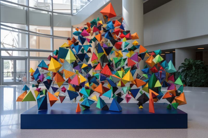 and Interactive Sculpture Made of Colorful Triangles, Rectangles, and Circles Stock