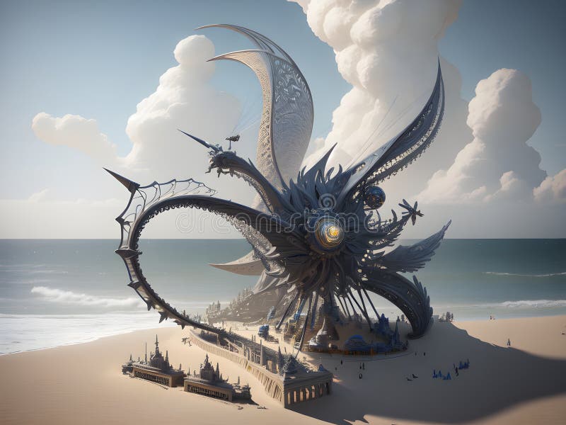 Sculpture Propelled by Wind on Beach, Generative AI
