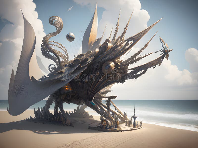 Sculpture Propelled by Wind on Beach, Generative AI